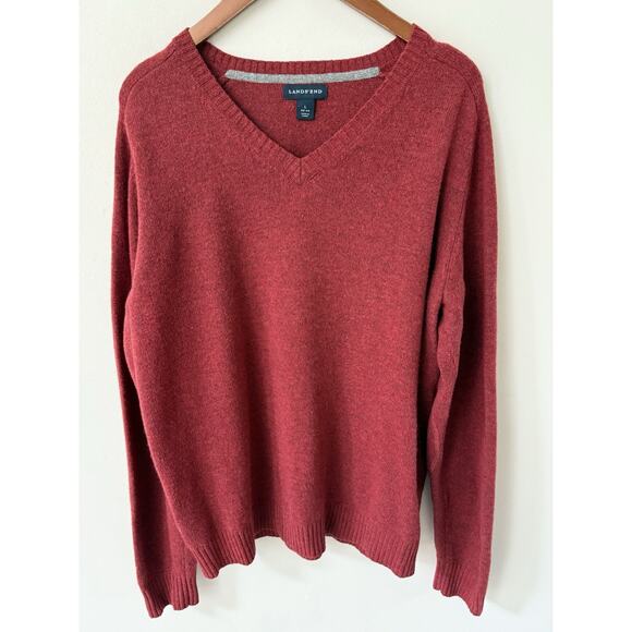 Lands End Sweater Men Large Red Merino Wool Blend V Neck Elbow Patches Pullover - Picture 1 of 11